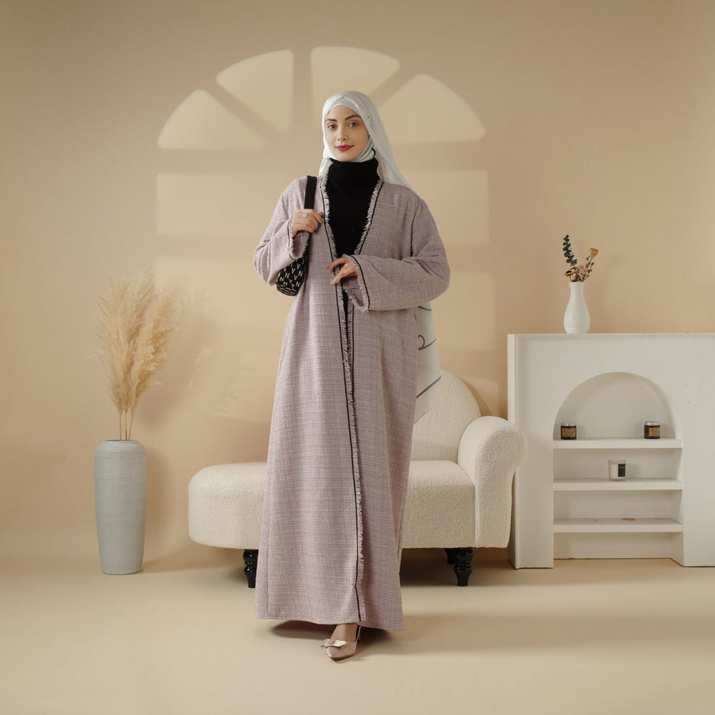 Plaid Tweed Open Abaya Coat with Fringe Details (MOA104)
