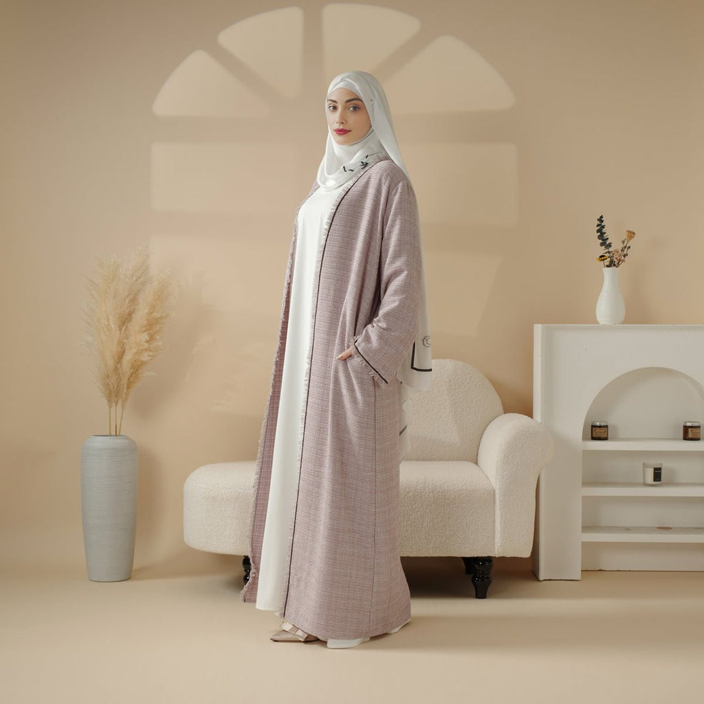 Plaid Tweed Open Abaya Coat with Fringe Details (MOA104)