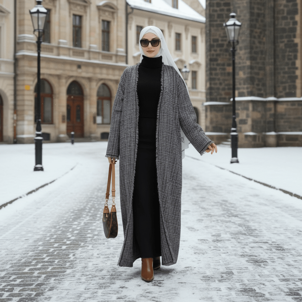 Plaid Tweed Open Abaya Coat with Fringe Details (MOA104)