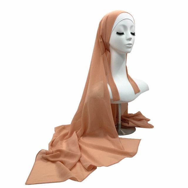 Plain Colorful Soft Lightweight Chiffon Elegant Hijab Scarf With Bandage Non-Slip Chiffon Echarpe Elegant Breathable Islam Long Hijabs Headband Fashion Turban Headwrap For Women Stevvex