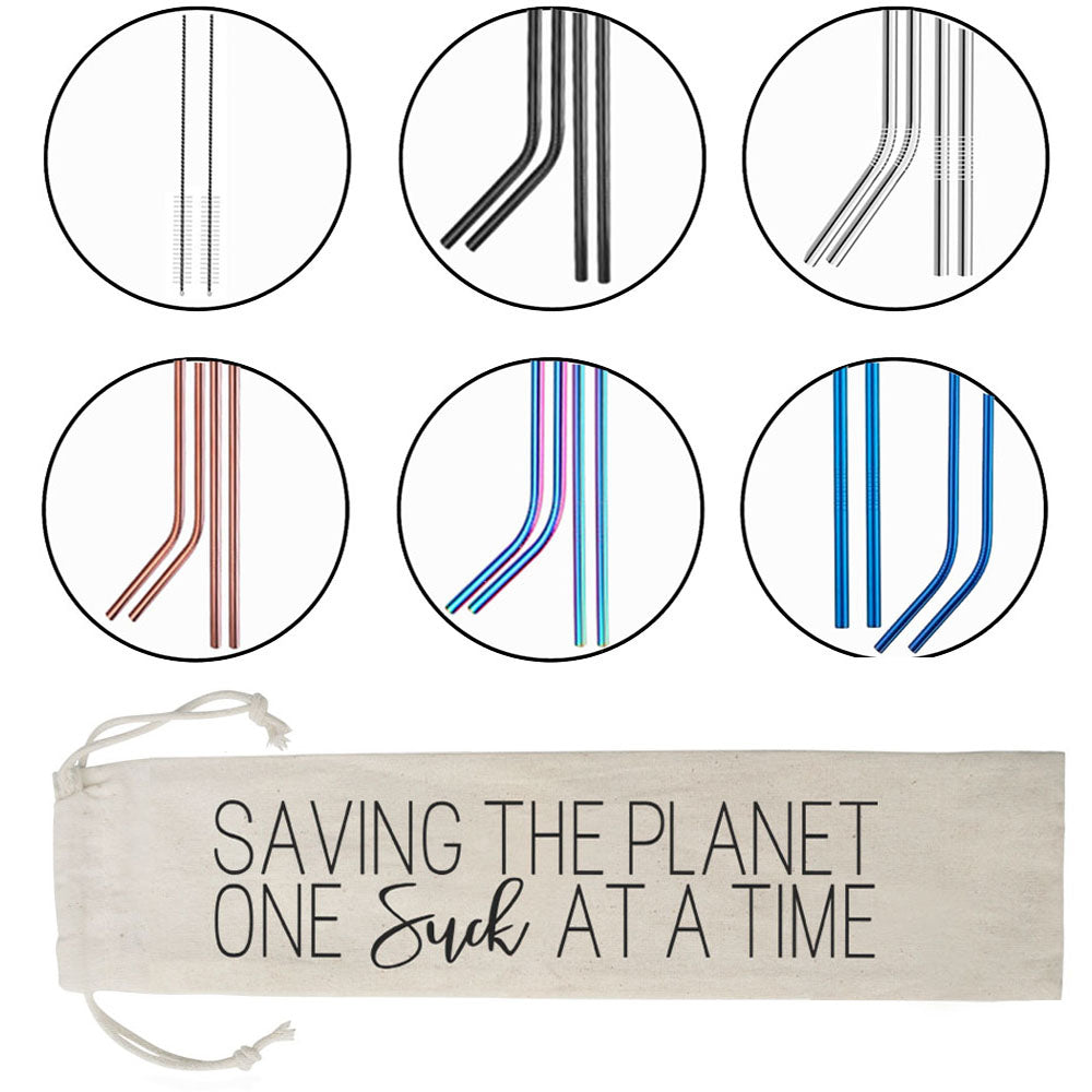 Reusable Stainless Steel Straw Set 6 Piece With Cleaning Brush Cotton Linen Bag Eco Gift BandsCo Straps