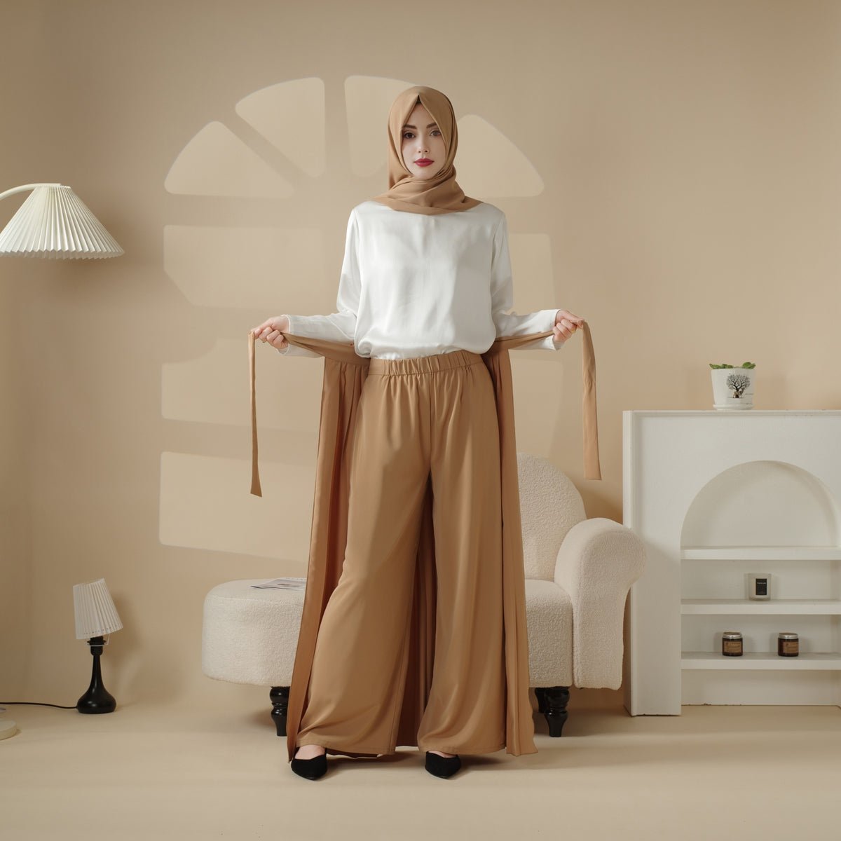 Pleated Overskirt, Wide-Cut Pants & Matching Hijab Set (MS025) - SJB-DIAMOND ELITES