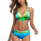 Plus Size Neon Striped Bikini Set Push Up Women High Waist Bikini Set Halter Two Piece Bathing Suits Crisscross Tummy Control Swimsuit Push Up Swimwear Women High Waist Halter Beach Swimwear Retro Bathing Suit Swimming Suit Stevvex