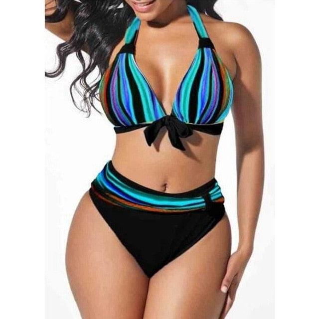 Plus Size Neon Striped Bikini Set Push Up Women High Waist Bikini Set Halter Two Piece Bathing Suits Crisscross Tummy Control Swimsuit Push Up Swimwear Women High Waist Halter Beach Swimwear Retro Bathing Suit Swimming Suit Stevvex