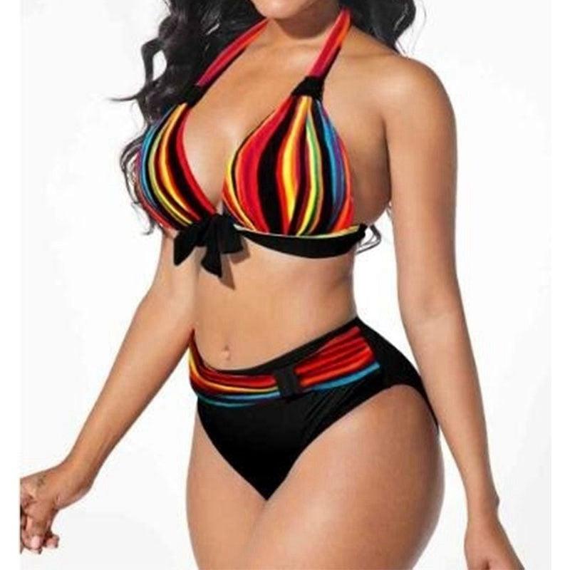 Plus Size Neon Striped Bikini Set Push Up Women High Waist Bikini Set Halter Two Piece Bathing Suits Crisscross Tummy Control Swimsuit Push Up Swimwear Women High Waist Halter Beach Swimwear Retro Bathing Suit Swimming Suit Stevvex