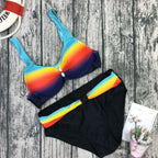 Plus Size Neon Striped Bikini Set Push Up Women High Waist Bikini Set Halter Two Piece Bathing Suits Crisscross Tummy Control Swimsuit Push Up Swimwear Women High Waist Halter Beach Swimwear Retro Bathing Suit Swimming Suit Stevvex