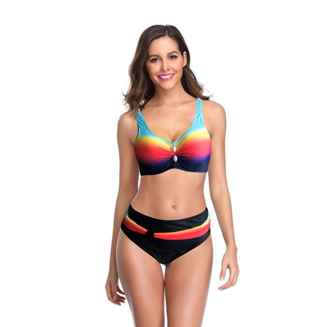 Plus Size Neon Striped Bikini Set Push Up Women High Waist Bikini Set Halter Two Piece Bathing Suits Crisscross Tummy Control Swimsuit Push Up Swimwear Women High Waist Halter Beach Swimwear Retro Bathing Suit Swimming Suit Stevvex