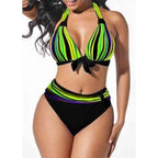 Plus Size Neon Striped Bikini Set Push Up Women High Waist Bikini Set Halter Two Piece Bathing Suits Crisscross Tummy Control Swimsuit Push Up Swimwear Women High Waist Halter Beach Swimwear Retro Bathing Suit Swimming Suit Stevvex