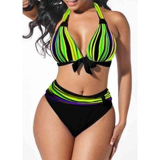 Plus Size Neon Striped Bikini Set Push Up Women High Waist Bikini Set Halter Two Piece Bathing Suits Crisscross Tummy Control Swimsuit Push Up Swimwear Women High Waist Halter Beach Swimwear Retro Bathing Suit Swimming Suit Stevvex