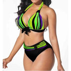 Plus Size Neon Striped Bikini Set Push Up Women High Waist Bikini Set Halter Two Piece Bathing Suits Crisscross Tummy Control Swimsuit Push Up Swimwear Women High Waist Halter Beach Swimwear Retro Bathing Suit Swimming Suit Stevvex