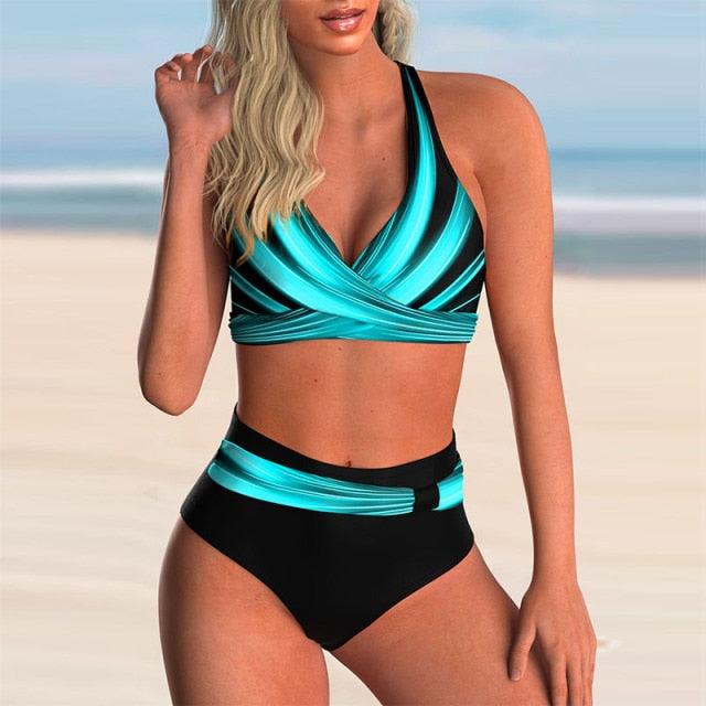 Plus Size Neon Striped Bikini Set Push Up Women High Waist Bikini Set Halter Two Piece Bathing Suits Crisscross Tummy Control Swimsuit Push Up Swimwear Women High Waist Halter Beach Swimwear Retro Bathing Suit Swimming Suit Stevvex
