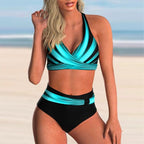 Plus Size Neon Striped Bikini Set Push Up Women High Waist Bikini Set Halter Two Piece Bathing Suits Crisscross Tummy Control Swimsuit Push Up Swimwear Women High Waist Halter Beach Swimwear Retro Bathing Suit Swimming Suit Stevvex