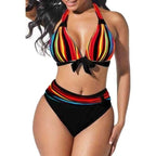 Plus Size Neon Striped Bikini Set Push Up Women High Waist Bikini Set Halter Two Piece Bathing Suits Crisscross Tummy Control Swimsuit Push Up Swimwear Women High Waist Halter Beach Swimwear Retro Bathing Suit Swimming Suit Stevvex