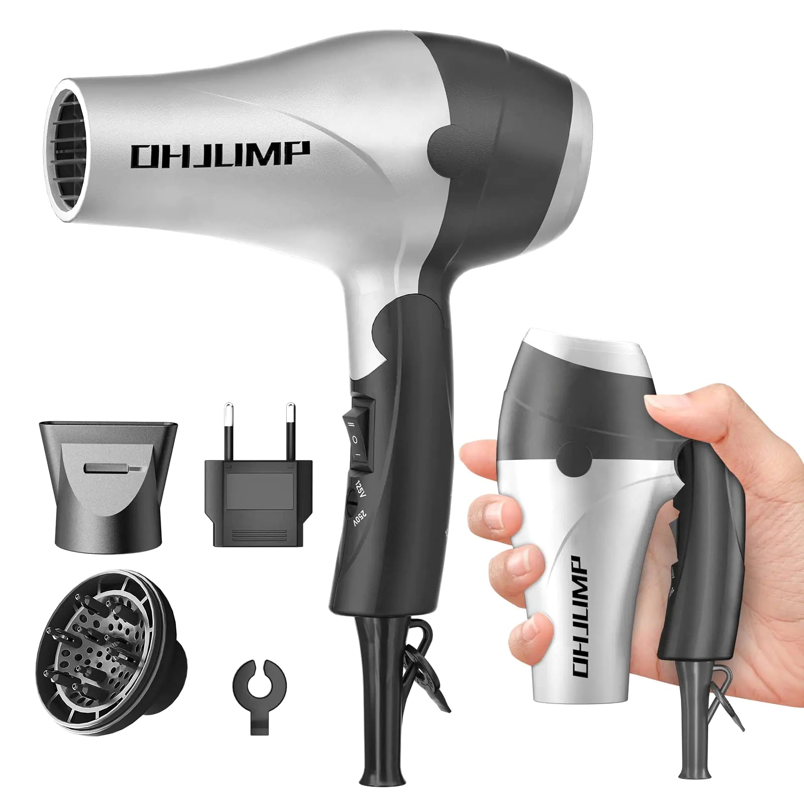 OHJUMP Travel Hair Dryer Blow Dryer with Diffuser Portable Small Dual Voltage Compact Hairdryer EU Plug 1875W Powerful Fast Dry Folding Handle Diffuser Hair Dryer Silvery Lootquake LLC