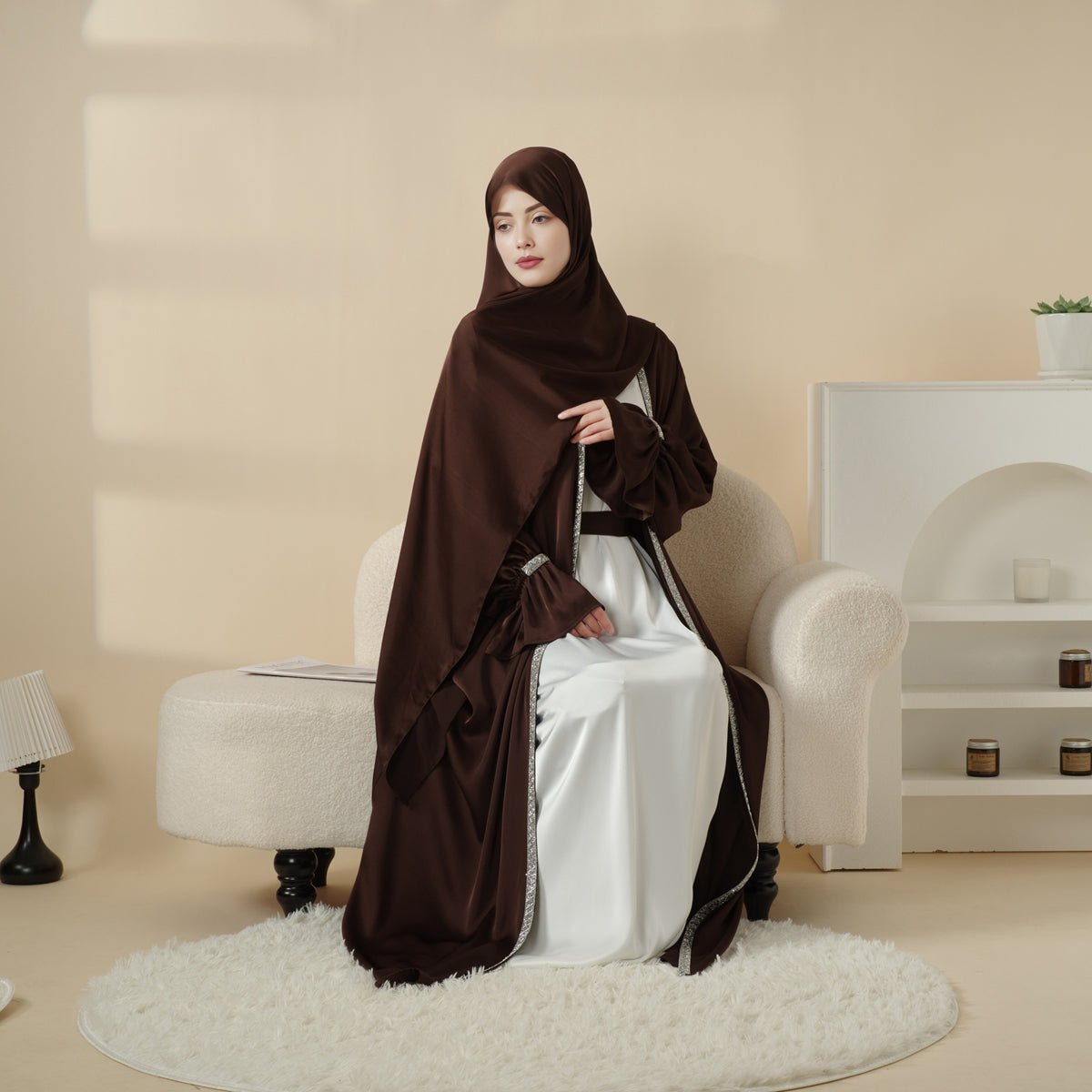 Poet Sleeve Satin Open Abaya With Matching Belt and Hijab (MOA009) Mariam's Collection