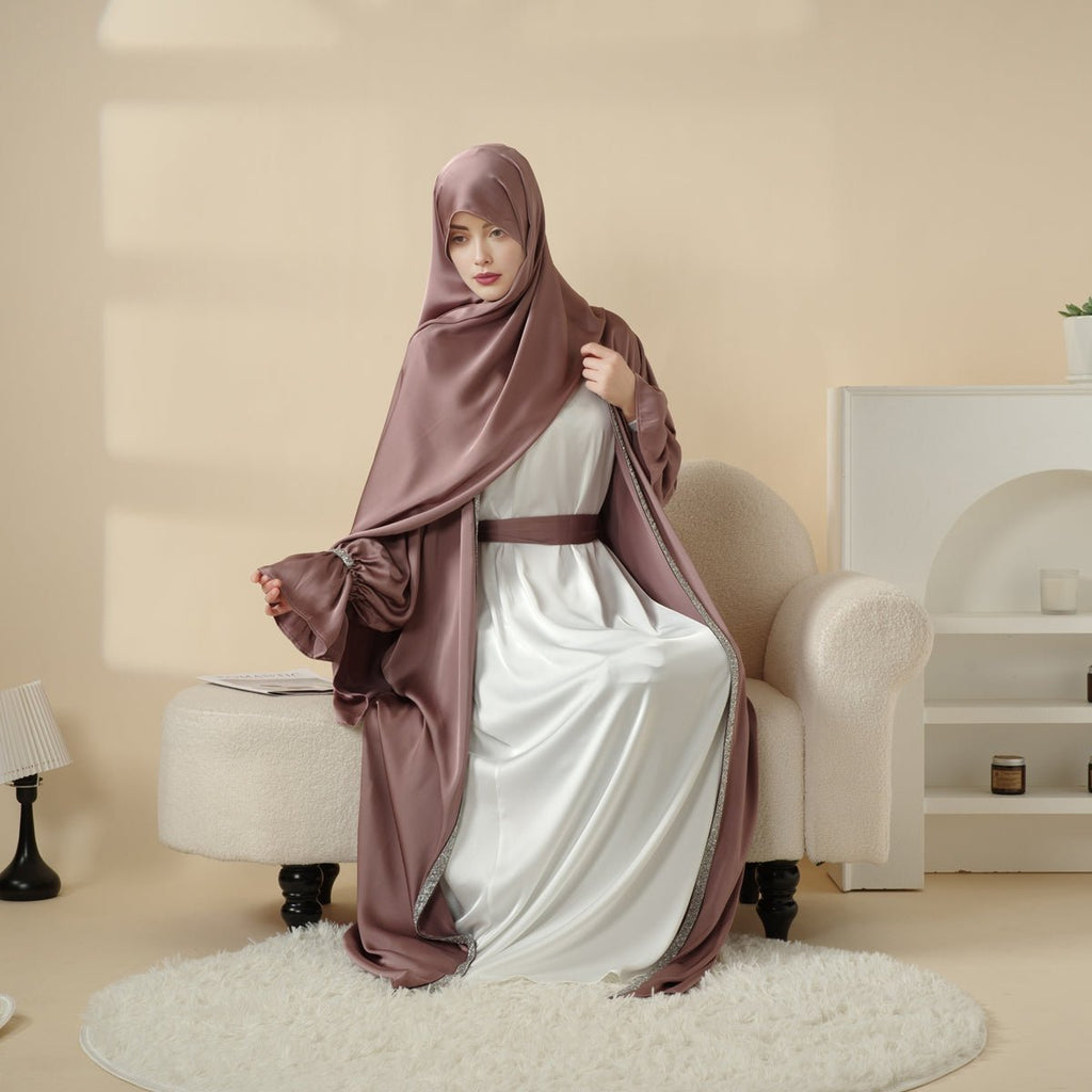 Poet Sleeve Satin Open Abaya With Matching Belt and Hijab (MOA009) Mariam's Collection