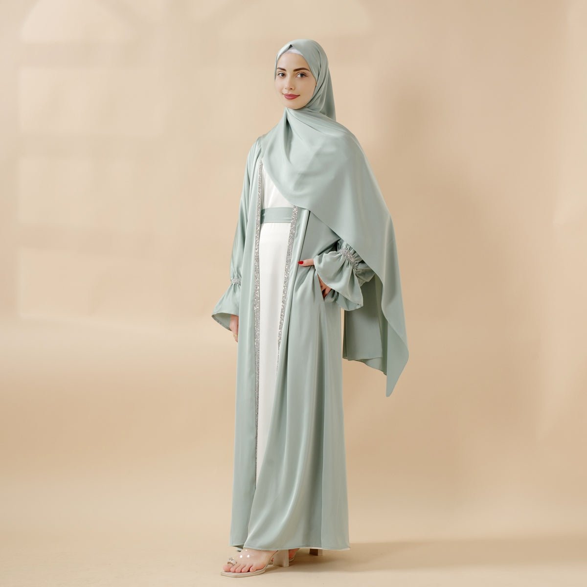 Poet Sleeve Satin Open Abaya With Matching Belt and Hijab (MOA009) Mariam's Collection