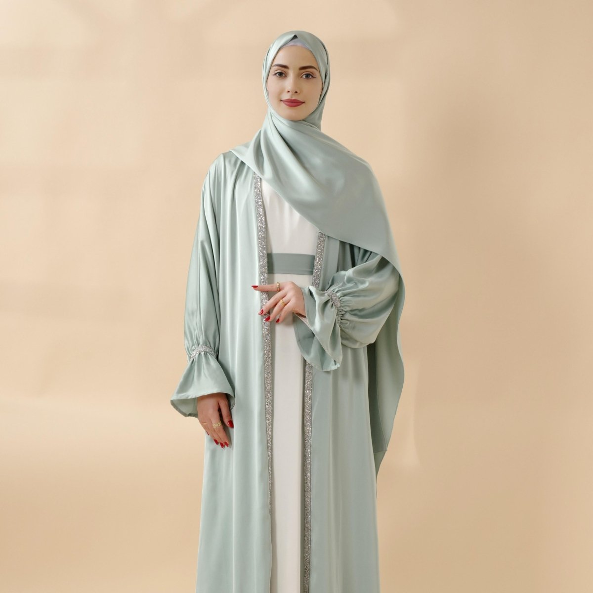 Poet Sleeve Satin Open Abaya With Matching Belt and Hijab (MOA009) Mariam's Collection