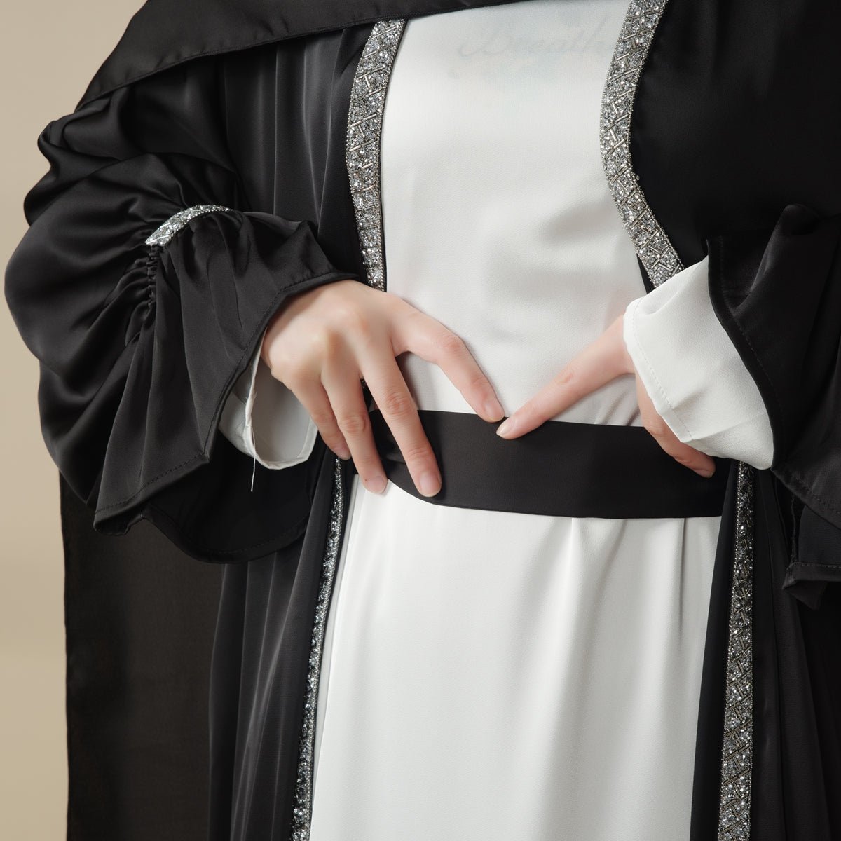 Poet Sleeve Satin Open Abaya With Matching Belt and Hijab (MOA009) Mariam's Collection