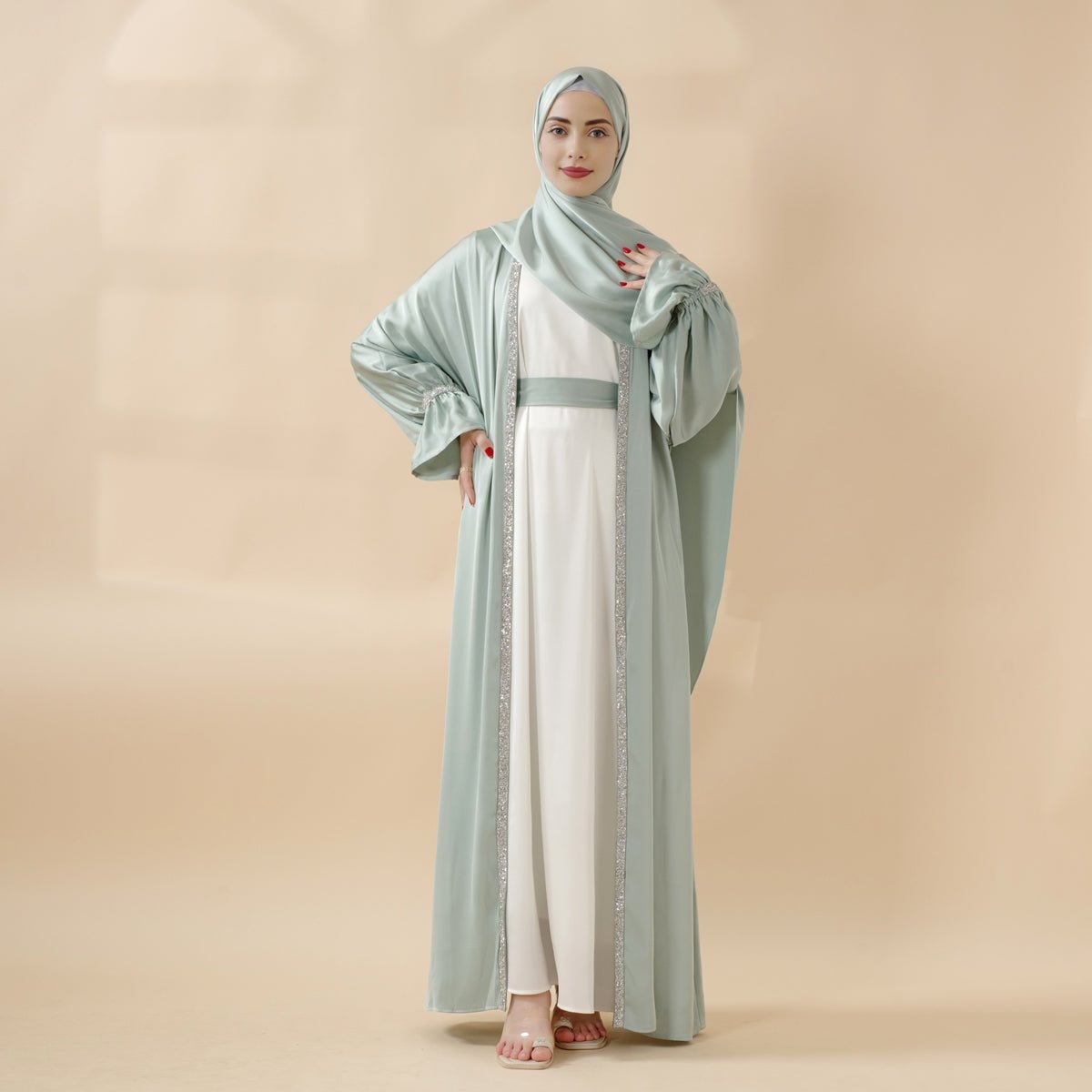 Poet Sleeve Satin Open Abaya With Matching Belt and Hijab (MOA009) Mariam's Collection
