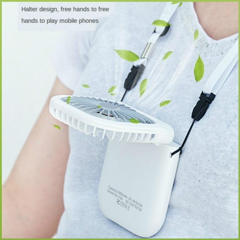 Portable Air Conditioner Hanging Neck Fan With 3000mAh Power Bank Mini Folding USB Handheld Desk Air Cooler Fan Personal Foldable USB Rechargeable Fan Operated for Home Office Outdoor Travel Stevvex