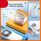 Portable Air Conditioner Hanging Neck Fan With 3000mAh Power Bank Mini Folding USB Handheld Desk Air Cooler Fan Personal Foldable USB Rechargeable Fan Operated for Home Office Outdoor Travel Stevvex