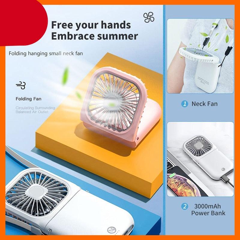 Portable Air Conditioner Hanging Neck Fan With 3000mAh Power Bank Mini Folding USB Handheld Desk Air Cooler Fan Personal Foldable USB Rechargeable Fan Operated for Home Office Outdoor Travel Stevvex