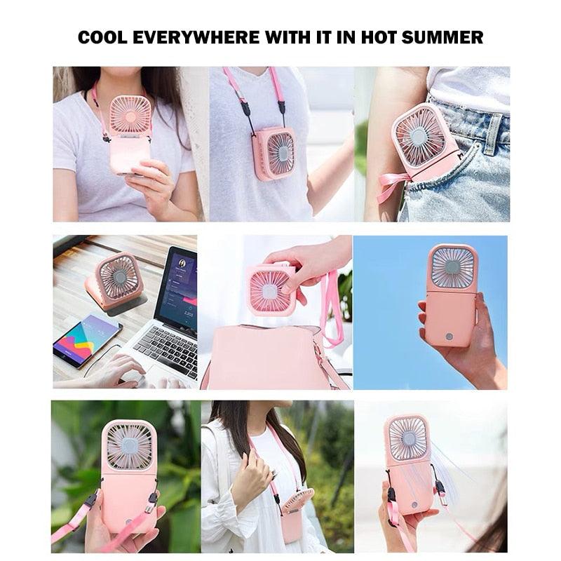 Portable Air Conditioner Hanging Neck Fan With 3000mAh Power Bank Mini Folding USB Handheld Desk Air Cooler Fan Personal Foldable USB Rechargeable Fan Operated for Home Office Outdoor Travel Stevvex