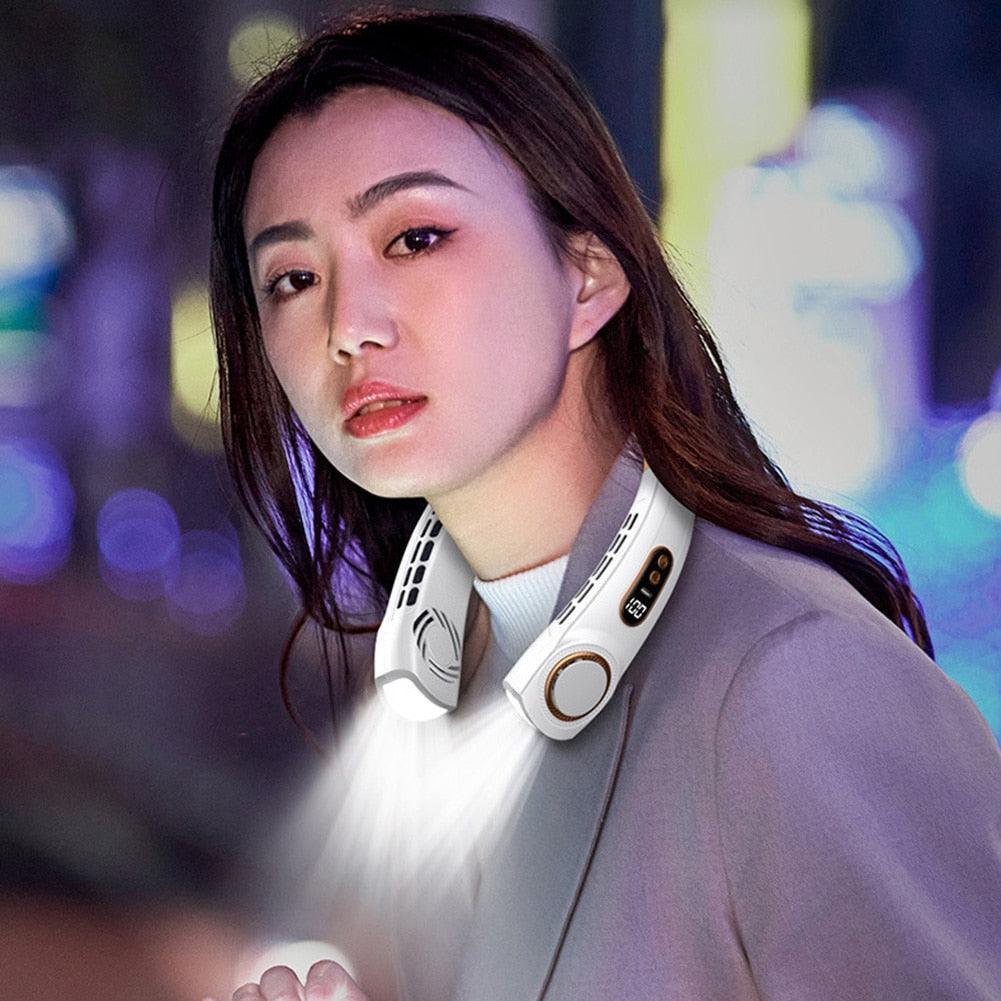 Portable Neck Fan USB Handheld Mute LED Digital Display Leafless Mini Electric Fan Colorful Atmosphere Lights 5th Gear For Rechargeable Personal Wearable Fan with Colorful Flashlight LED Digital Display And Low Noise Stevvex