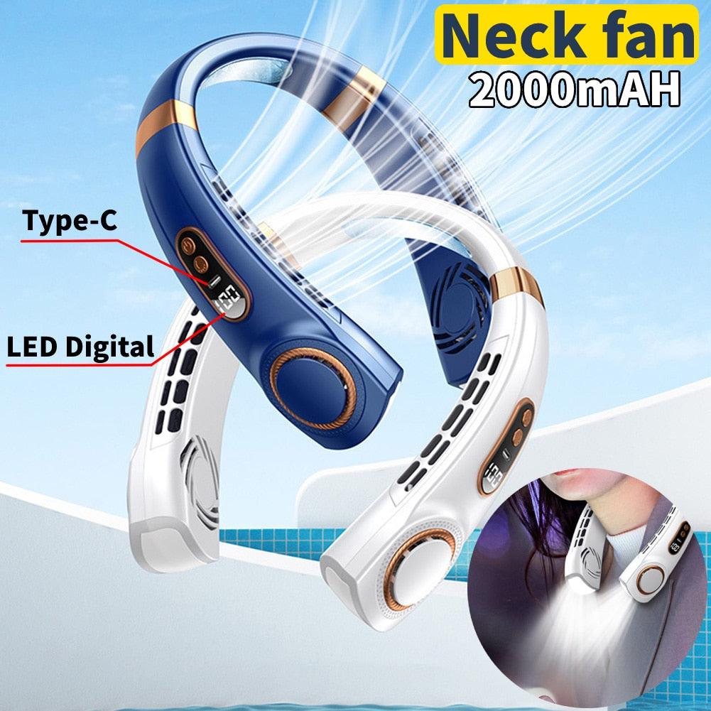 Portable Neck Fan USB Handheld Mute LED Digital Display Leafless Mini Electric Fan Colorful Atmosphere Lights 5th Gear For Rechargeable Personal Wearable Fan with Colorful Flashlight LED Digital Display And Low Noise Stevvex
