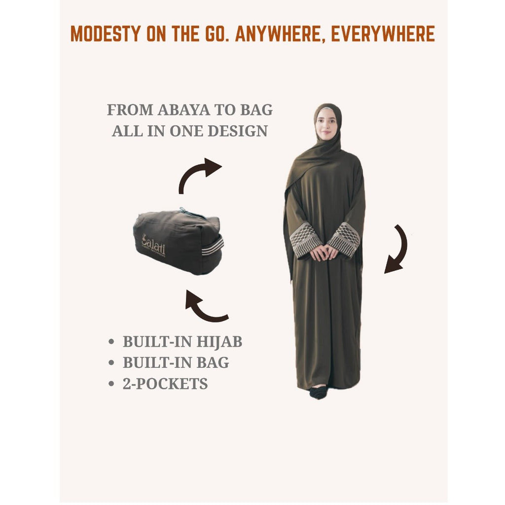 Portable Pocket Headscarf Dress Abaya Olive Green Modest Robe with Geometric Embroidery(MJ019)