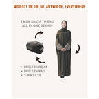 Portable Pocket Headscarf Dress Abaya Olive Green Modest Robe with Geometric Embroidery(MJ019)