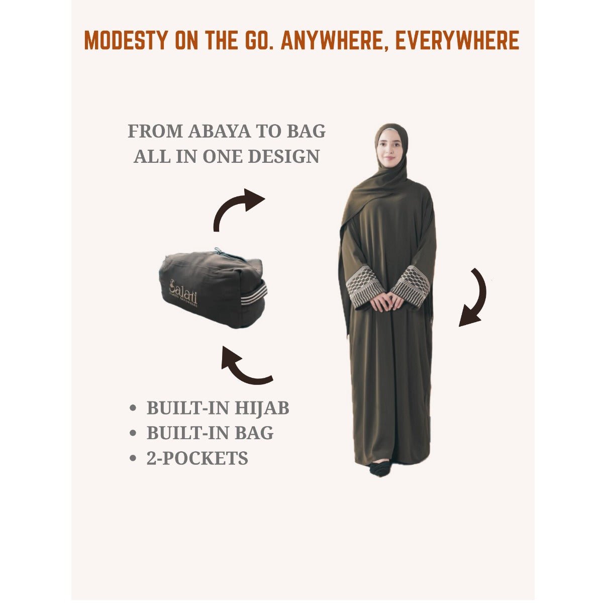 Portable Pocket Headscarf Dress Abaya Olive Green Modest Robe with Geometric Embroidery(MJ019)