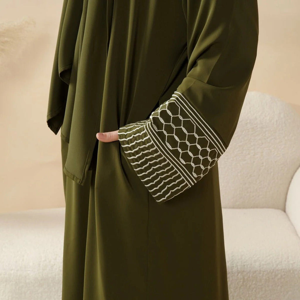 Portable Pocket Headscarf Dress Abaya Olive Green Modest Robe with Geometric Embroidery(MJ019)