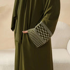Portable Pocket Headscarf Dress Abaya Olive Green Modest Robe with Geometric Embroidery(MJ019)