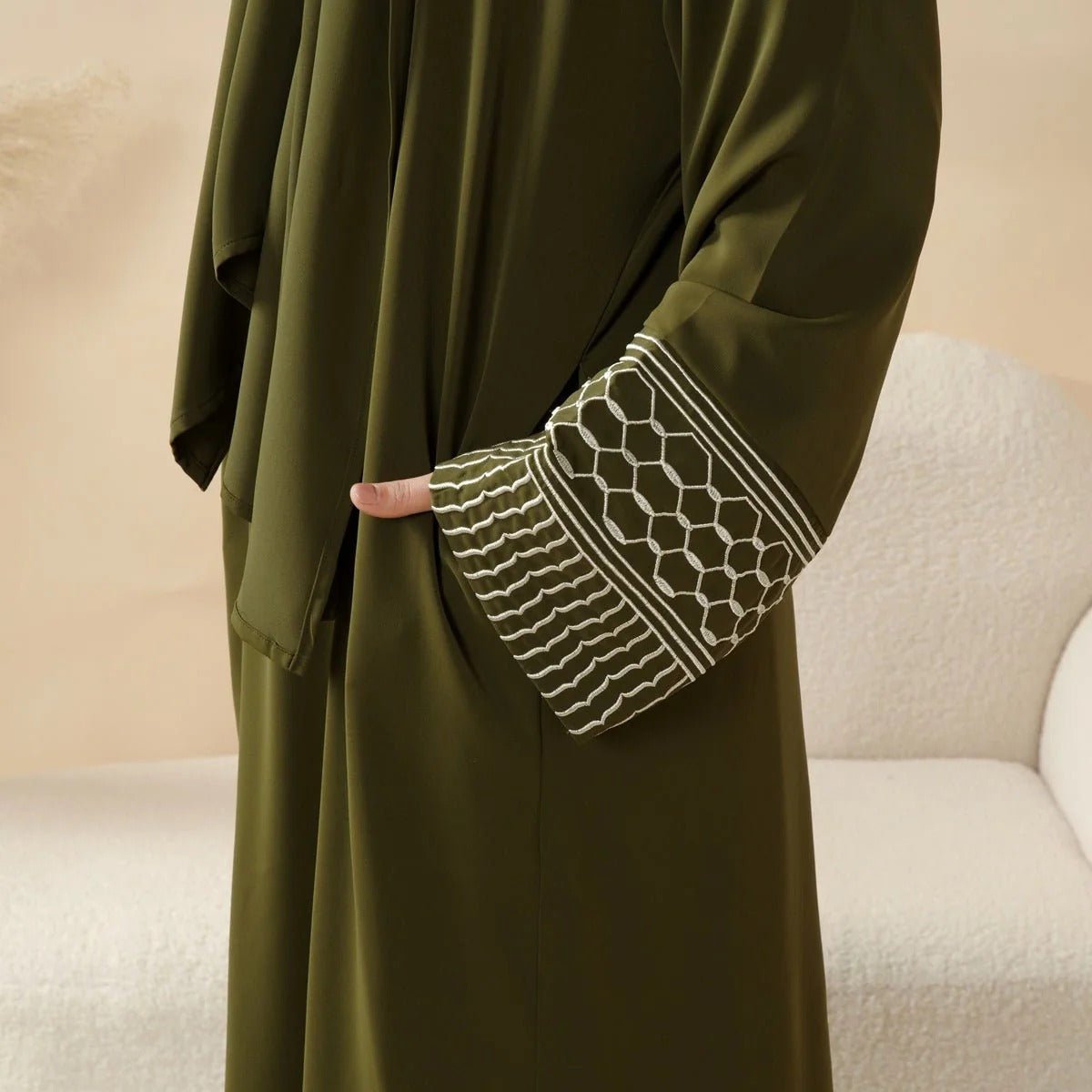 Portable Pocket Headscarf Dress Abaya Olive Green Modest Robe with Geometric Embroidery(MJ019)