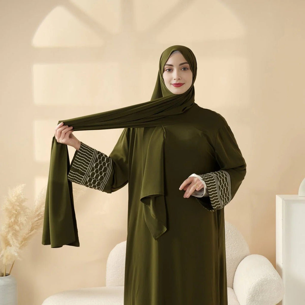 Portable Pocket Headscarf Dress Abaya Olive Green Modest Robe with Geometric Embroidery(MJ019)