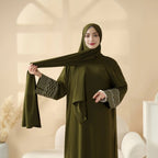 Portable Pocket Headscarf Dress Abaya Olive Green Modest Robe with Geometric Embroidery(MJ019)