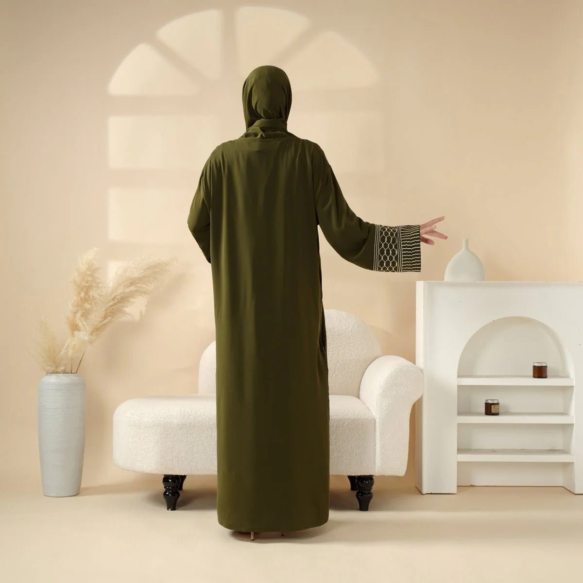 Portable Pocket Headscarf Dress Abaya Olive Green Modest Robe with Geometric Embroidery(MJ019)