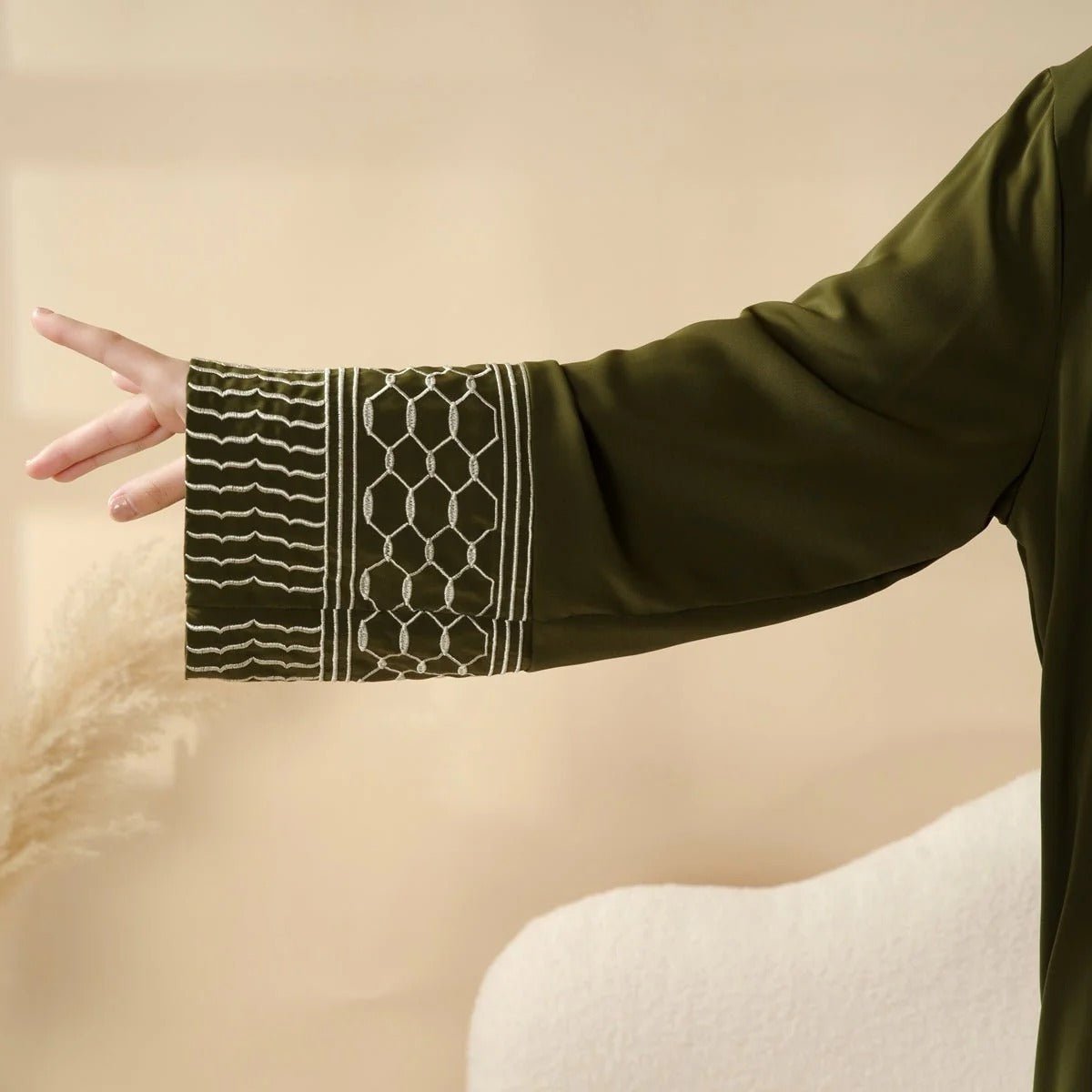 Portable Pocket Headscarf Dress Abaya Olive Green Modest Robe with Geometric Embroidery(MJ019)