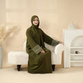 Portable Pocket Headscarf Dress Abaya Olive Green Modest Robe with Geometric Embroidery(MJ019)