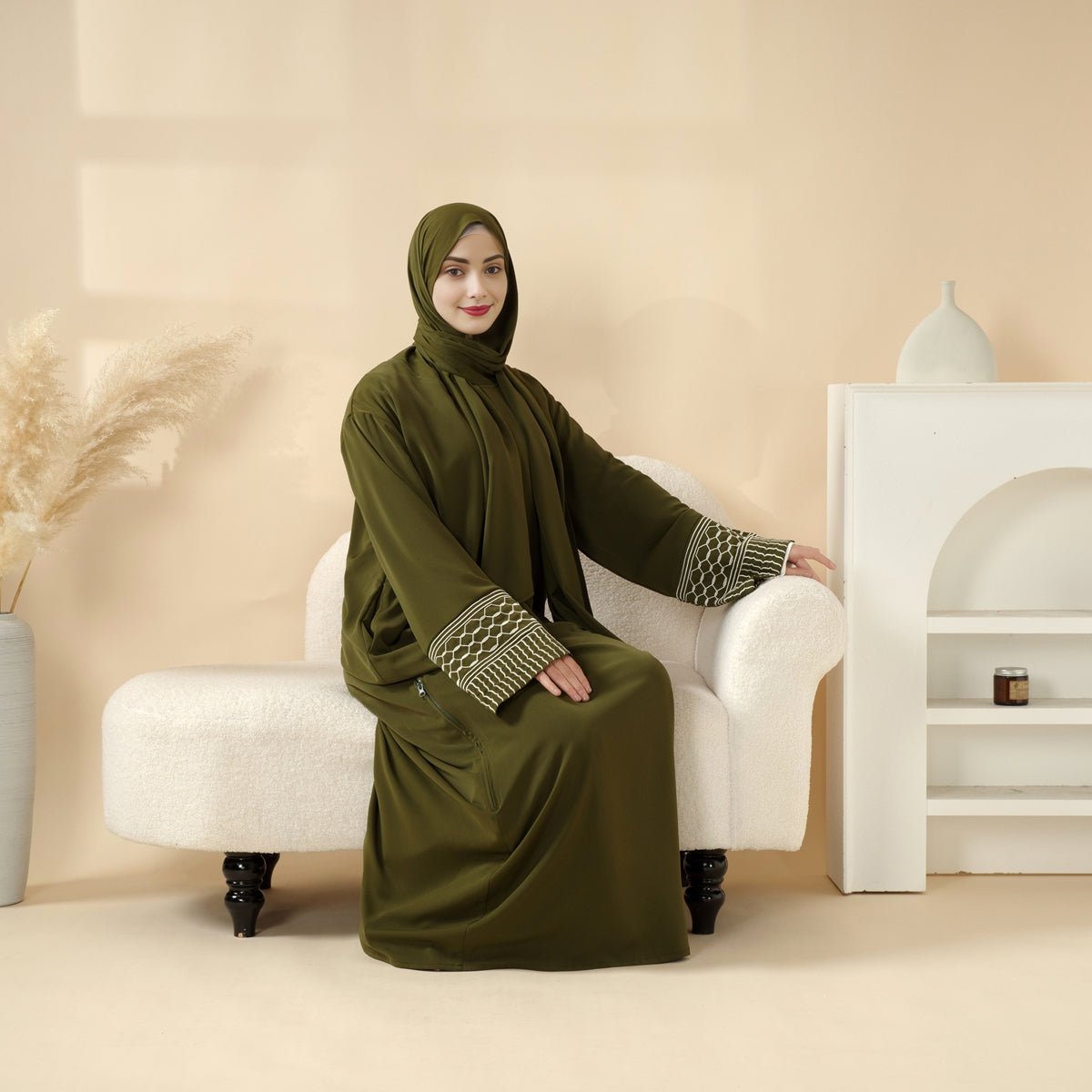 Portable Pocket Headscarf Dress Abaya Olive Green Modest Robe with Geometric Embroidery(MJ019)
