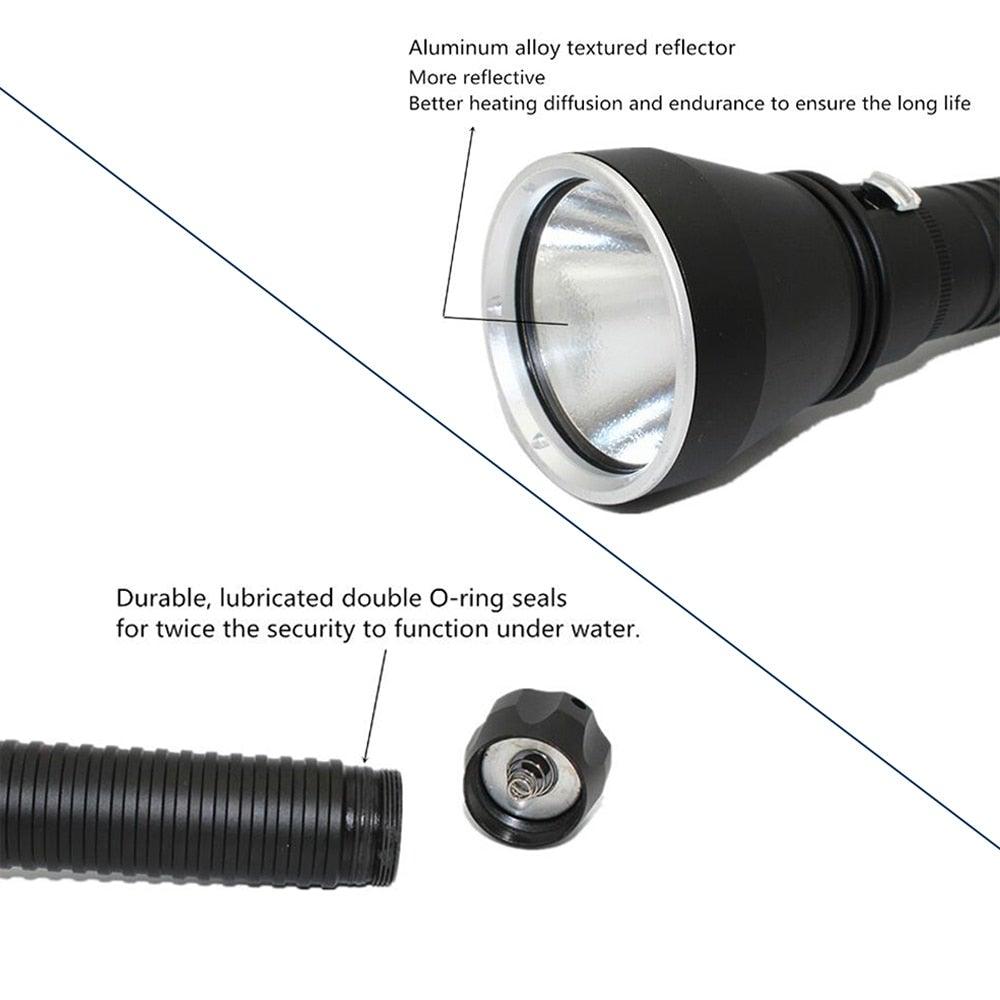 Powerful LED Rechargeable Dive Flashlight Cree Diving Flashlight Underwater Waterproof  High Lumen LED Scuba Diving  Torch Flashlight For Scuba Diving Underwater Torch Stevvex