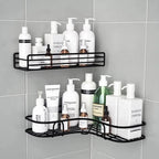 Premium Quality Bathroom Kitchen Punch Corner Frame Shower Shelf Wrought Iron Shampoo Storage Rack Holder with Suction Cup Bathroom Accessories Stevvex