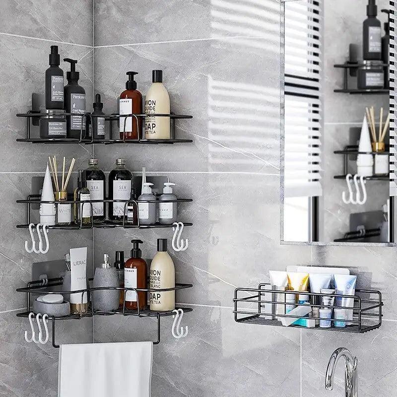 Premium Quality Bathroom Kitchen Punch Corner Frame Shower Shelf Wrought Iron Shampoo Storage Rack Holder with Suction Cup Bathroom Accessories Stevvex