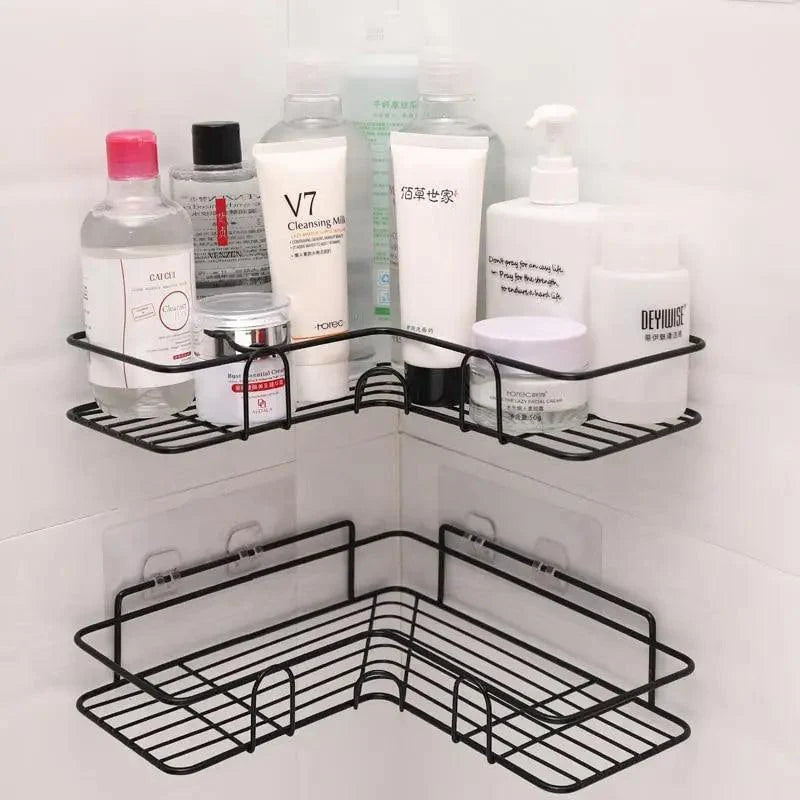 Premium Quality Bathroom Kitchen Punch Corner Frame Shower Shelf Wrought Iron Shampoo Storage Rack Holder with Suction Cup Bathroom Accessories Stevvex