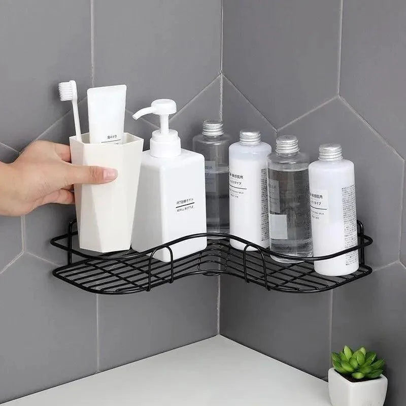 Premium Quality Bathroom Kitchen Punch Corner Frame Shower Shelf Wrought Iron Shampoo Storage Rack Holder with Suction Cup Bathroom Accessories Stevvex