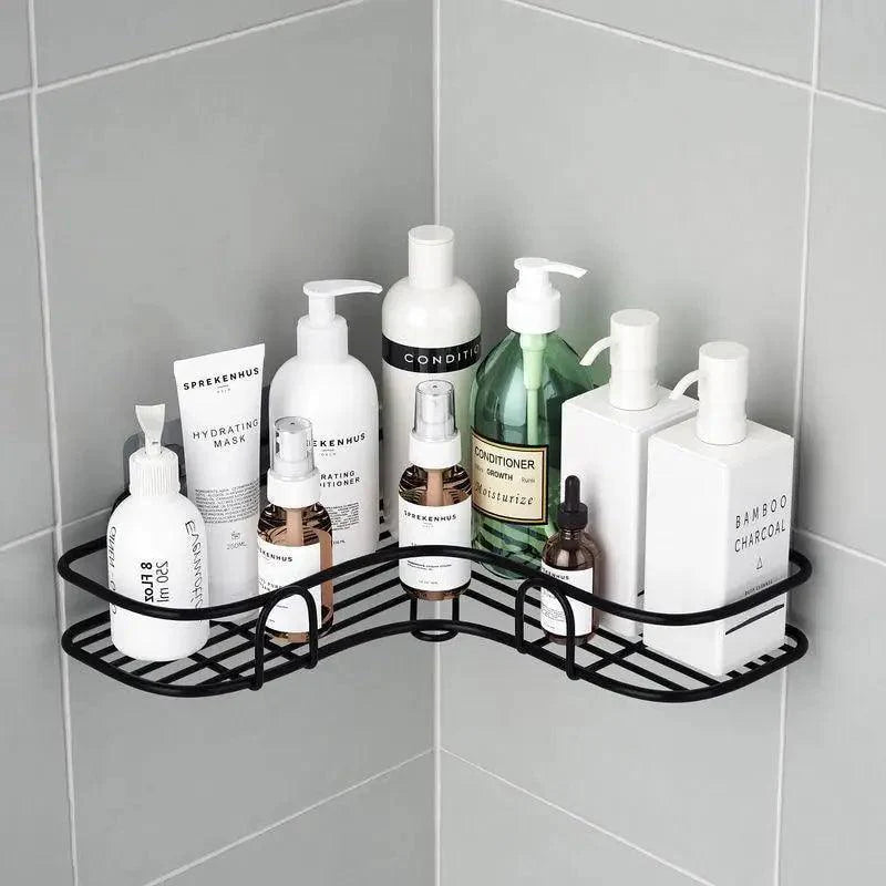 Premium Quality Bathroom Kitchen Punch Corner Frame Shower Shelf Wrought Iron Shampoo Storage Rack Holder with Suction Cup Bathroom Accessories Stevvex