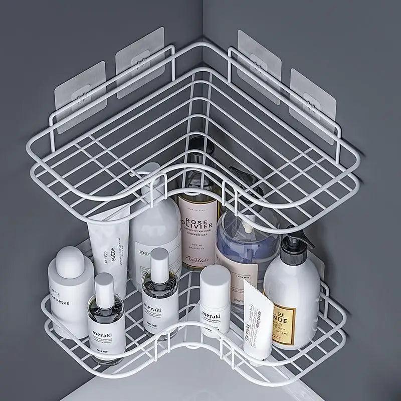 Premium Quality Bathroom Kitchen Punch Corner Frame Shower Shelf Wrought Iron Shampoo Storage Rack Holder with Suction Cup Bathroom Accessories Stevvex