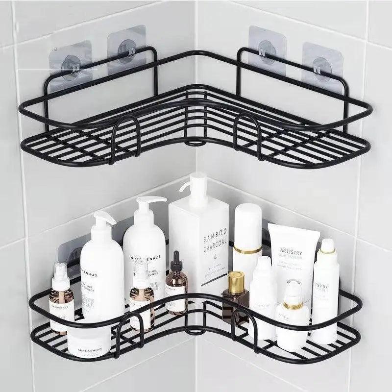 Premium Quality Bathroom Kitchen Punch Corner Frame Shower Shelf Wrought Iron Shampoo Storage Rack Holder with Suction Cup Bathroom Accessories Stevvex